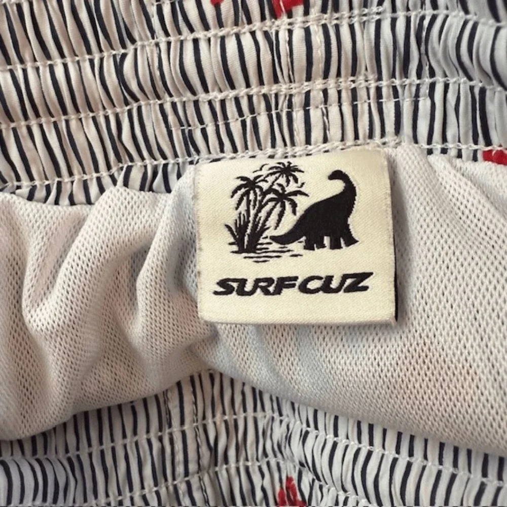 SurfCuz Mens Striped Swim Trunks Blue White Red Floral Mesh Lined Shorts Size‎ M